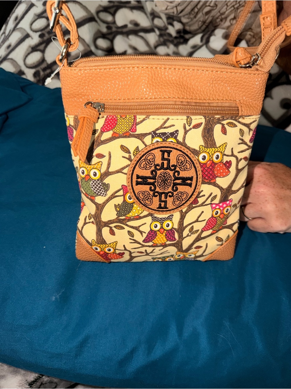 Tan Owl-Print & Denim Blue Aztec Prink Crossbody Bag - Unbranded